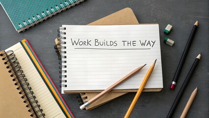 Notebook with writing and pencils on a wooden desk