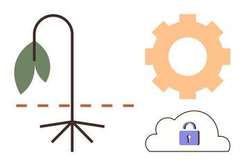 Wilted plant and cut roots symbolizing struggle, gear representing solutions, cloud with lock suggesting data security. Ideal for environmental challenge, technology, sustainability, innovation
