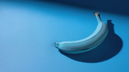 A pale blue banana rests on a blue surface with a subtle shadow enhancing its three-dimensional effect,