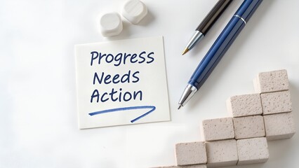 White notepaper with Progress Needs Action written with blue pen