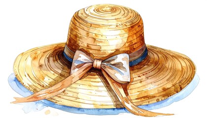Watercolor illustration of a large, stylish, woven sun hat with a ribbon detail and bow