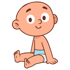 baby wearing diaper sit happy flat color vector illustration template design