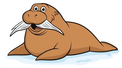 Cartoon walrus illustration smiling with white tusks and whiskers on white