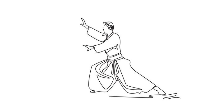 Animated self drawing of continuous line draw a dynamic Aikido throw, with one male figure controlling his partner's executes a forward roll, principle of unbalancing. Full length one line animation