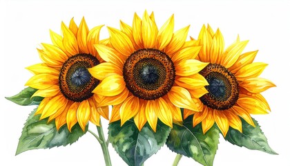Three vibrant sunflowers painted, with dark centers and green leaves on white
