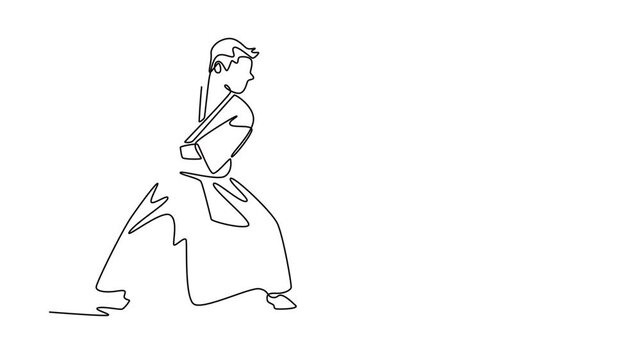 Self drawing animation of single line draw male athlete in powerful stance, holding a sword at his hip, moment of intense focus and readiness for swift maneuver. Continuous line. Full length animated