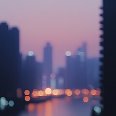 Obraz premium Blurry city skyline at dawn, bokeh lights on water