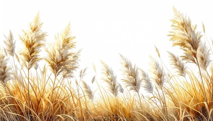 Golden wheat and fluffy plumes reach towards a vast, bright white sky