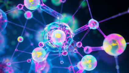 Abstract colorful light background with glowing bubbles and blue plasma energy illustrating space fractal wave motion and electric technology pattern