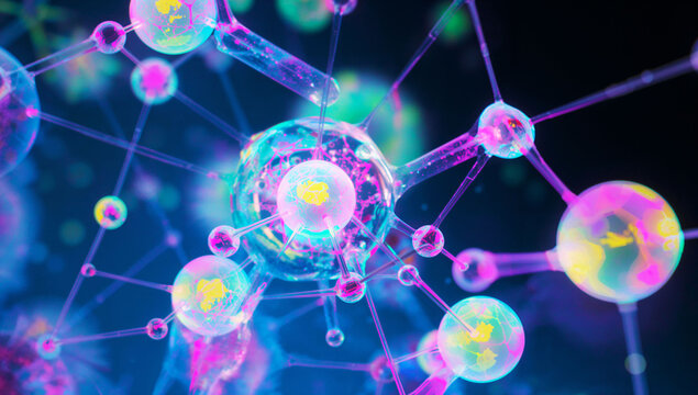 Abstract colorful light background with glowing bubbles and blue plasma energy illustrating space fractal wave motion and electric technology pattern - Powered by Adobe