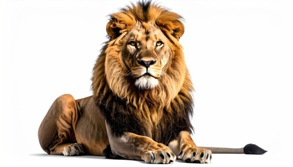 Majestic lion with flowing mane, rests regally against a bright white background