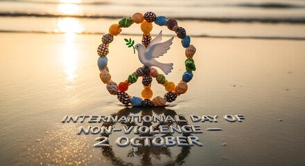 Peace symbol on beach for international day of non violence in october