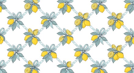 Elegant Lemon and Ribbon Seamless Pattern Design.