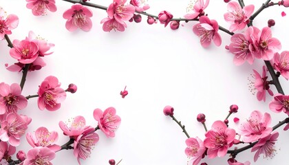 Pink flowers on branches frame a blank white space, with petals scattered