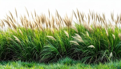 Green grasses with feathery seed heads blowing in the wind against a white sky