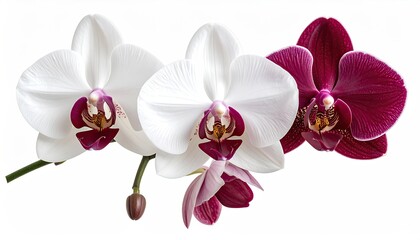 Three orchids in white and magenta, with intricate details, set against white