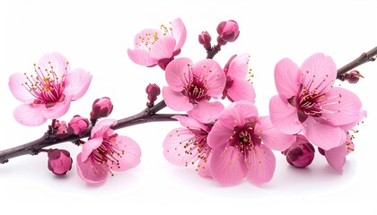 Pink blossoms and buds bloom on a branch against a white background