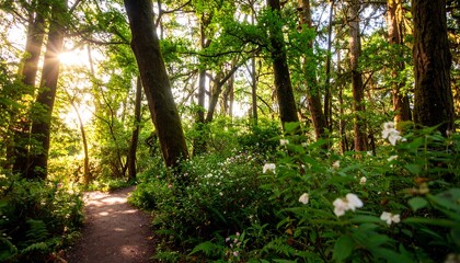 Sunlit forest path through lush greenery