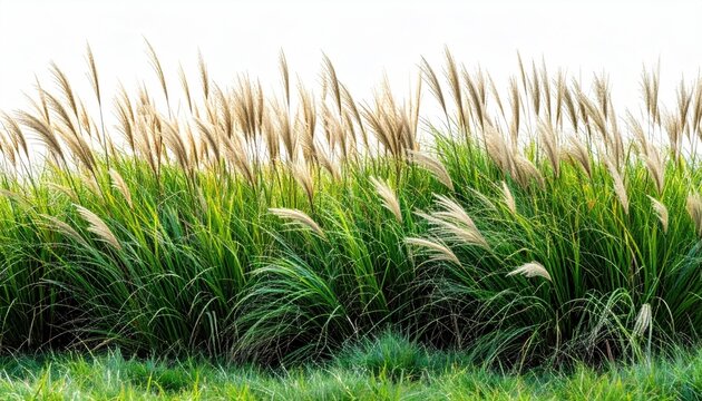 Green grasses with feathery seed heads blowing in the wind against a white sky