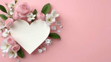 A decorative arrangement with a large white heart-shaped sheet adorned with pink roses, white flowers,