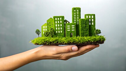 Hand holding a green eco city model
