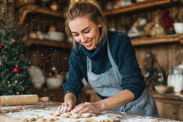 Joyful Woman Baking Christmas Cookies in Rustic Kitchen Decorated for Holiday Season