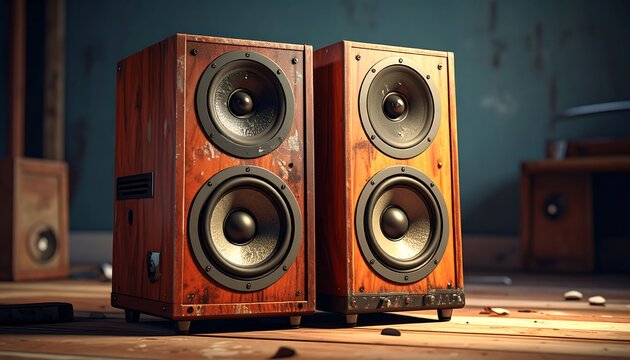 Close-up showcases two aged wooden speaker cabinets with visible speaker components, sitting on a wooden floor. Additional speakers in blurred background