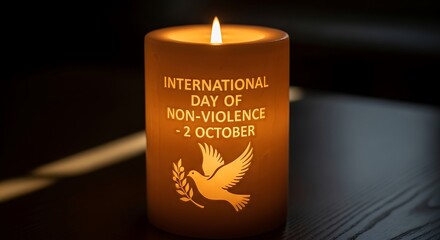 Candle with international day of nonviolence message and dove symbol