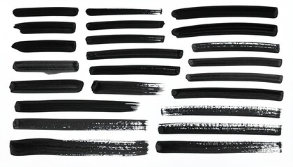 Various black brushstroke marks of varying widths and textures against a white backdrop