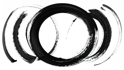 Black brushstroke rings overlap on white, evoking calligraphic art and design