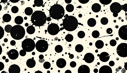 Abstract pattern of black ink blots and circles scattered on a light beige surface