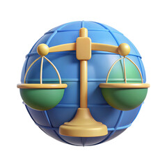 High quality photo of a globe with scales of justice symbolizing global fairness and equality isolated on transparent background
