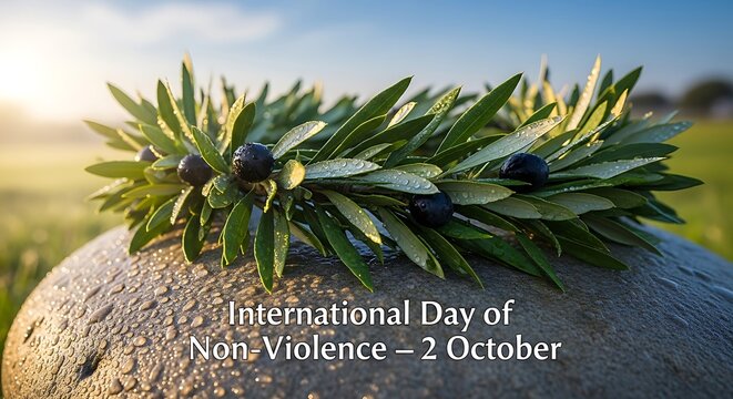 Olive wreath on a stone for international day of nonviolence on october 2