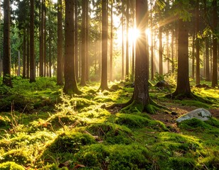 Sunlit forest scene with vibrant moss and tall trees