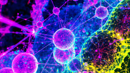 Glowing blue electric sphere illustrates the seamless pattern of DNA and bacteria, powered by science and technology