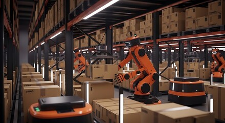 Robotic Arms and AGVs Automating Modern Warehouse Logistics.