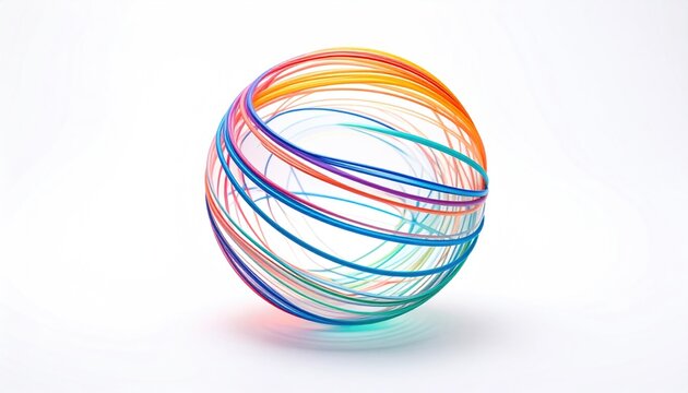 A spherical form created by intersecting colorful bands against a white backdrop