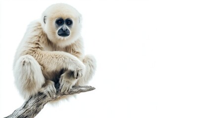 Obraz premium White gibbon primate sitting on a branch against a clean white background