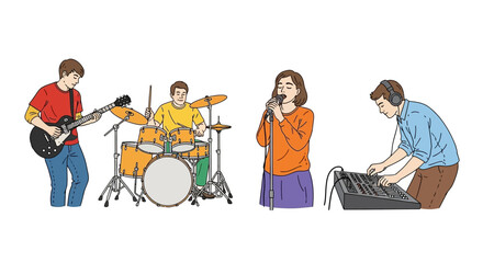 Diverse musical ensemble performing live with guitar drums vocals and keyboard