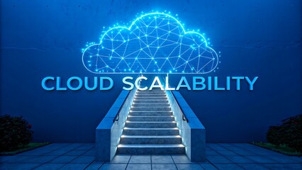 Cloud scalability concept with digital cloud above illuminated stairs
