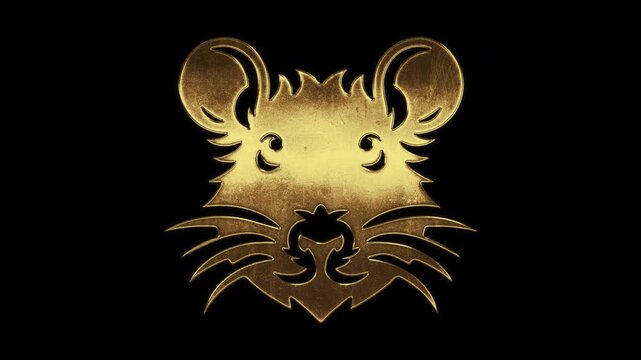 Mouse face with slightly reflected outlines on a gold foil-like surface, loop, alpha channel
