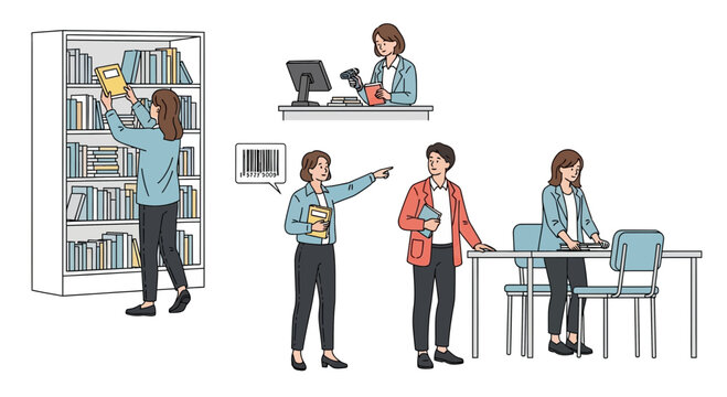 Library Activity Scenes Shelving Books Checking Out and Studying