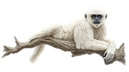 Obraz premium White gibbon resting on a tree branch against a clean white background