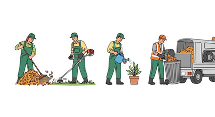 Fototapeta premium Gardening and Yard Work Sequence Leaf Raking Mowing Watering Plants and Waste Disposal