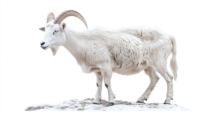 Obraz premium White goat with curved horns isolated on white background stock photo