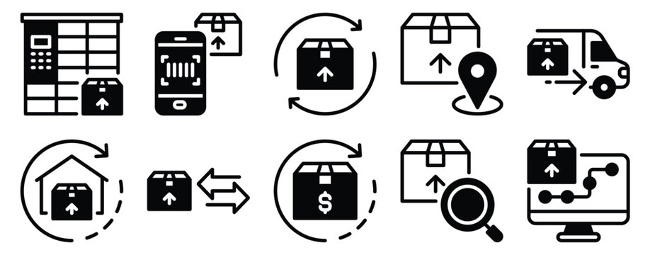 Last mile and reverse logistics icon solid mix style vector glyph for delivery networks returns and routing minimal pictogram for ecommerce and operations dashboards