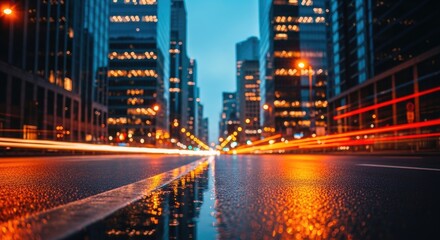 Fototapeta premium Vibrant Urban Night Road with Blurry Light Trails and Wet Ground Reflections