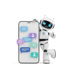 Friendly Robot with Smartphone and Chat Bubbles.