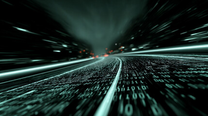 3D illustration of binary data streaming along a futuristic digital road. Abstract concept of technology, coding, and information transfer in cyberspace with glowing lines and matrix-inspired design.