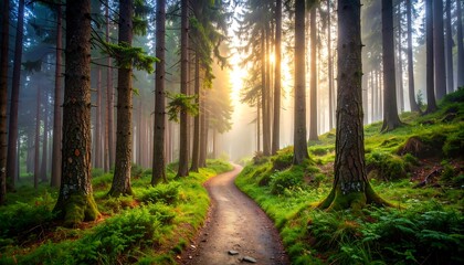 Sunlit path through misty forest